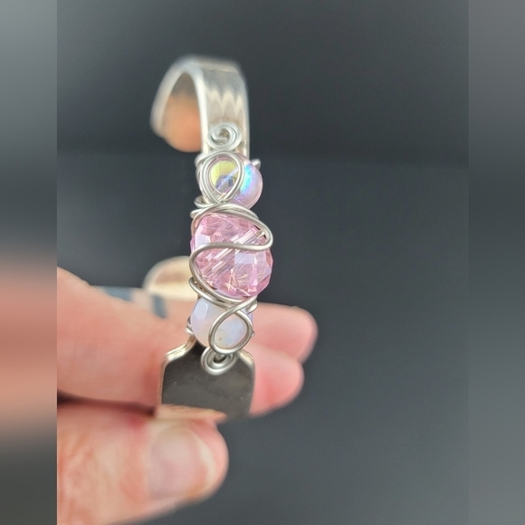 Handmade silver bracelet made from spoon with pink stones - Picture 3 of 6
